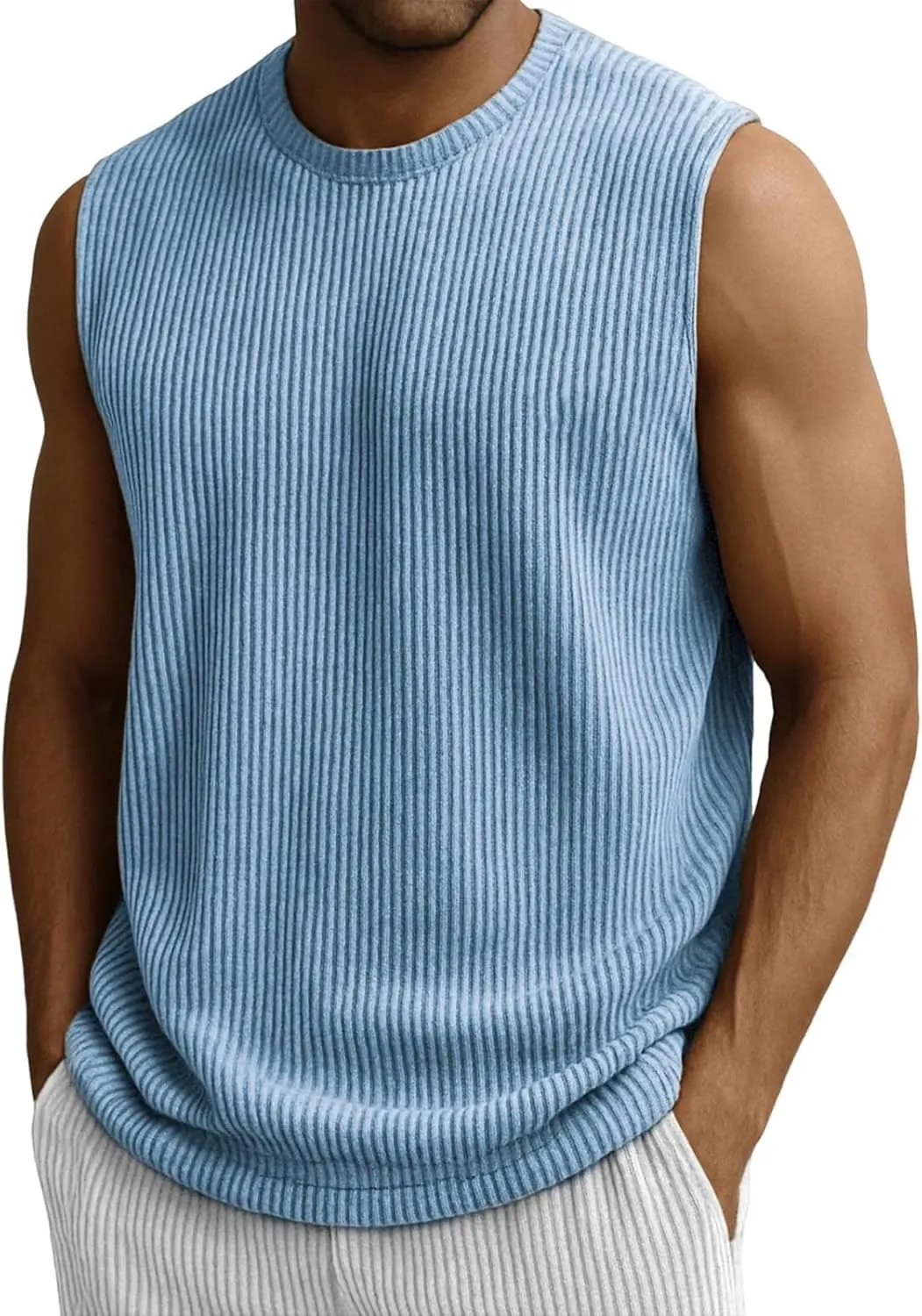 Mens Ribbed Knit Tank Tops Crew Neck Sleeveless Muscle Shirts Gym Workout Basic Tees Moisture Wicking Athletic Tops