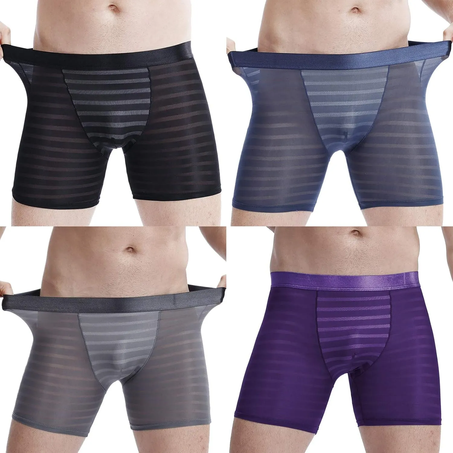 Mens Sexy Mesh Sheer See Through Shorts Boxer Ice Silk Panties Regular Leg Performance Trunks Lingerie