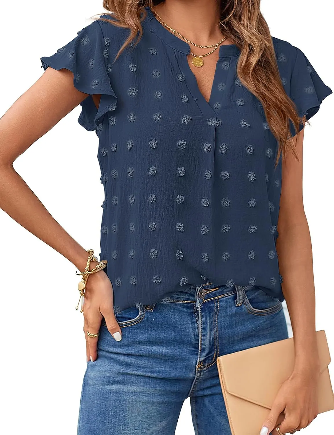 MEROKEETY Women 2025 Summer V Neck Ruffle Short Sleeve Blouse Swiss Dot Flowy Shirt Tunic Top