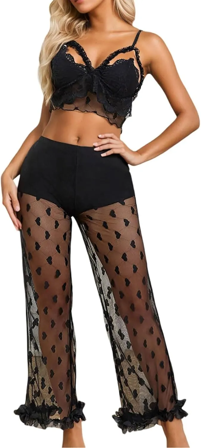 Mesh Nightgowns Sets for WomenHollow out Sheer Bralettes and See Through Heart Print Pants 2PC SetPajamas Sets