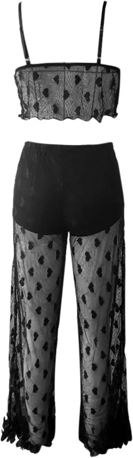 Mesh Nightgowns Sets for WomenHollow out Sheer Bralettes and See Through Heart Print Pants 2PC SetPajamas Sets