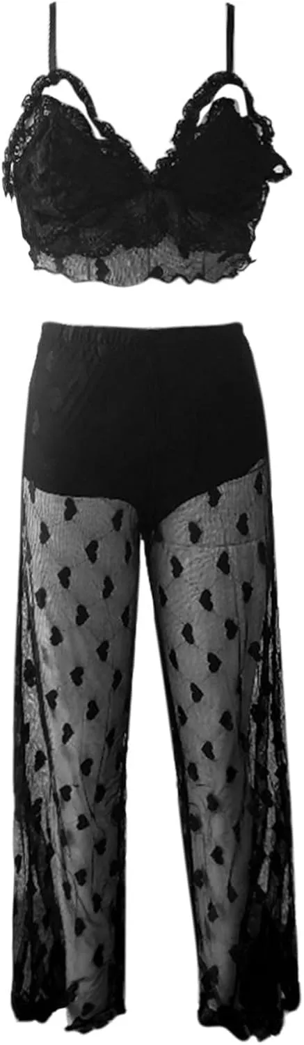Mesh Nightgowns Sets for WomenHollow out Sheer Bralettes and See Through Heart Print Pants 2PC SetPajamas Sets