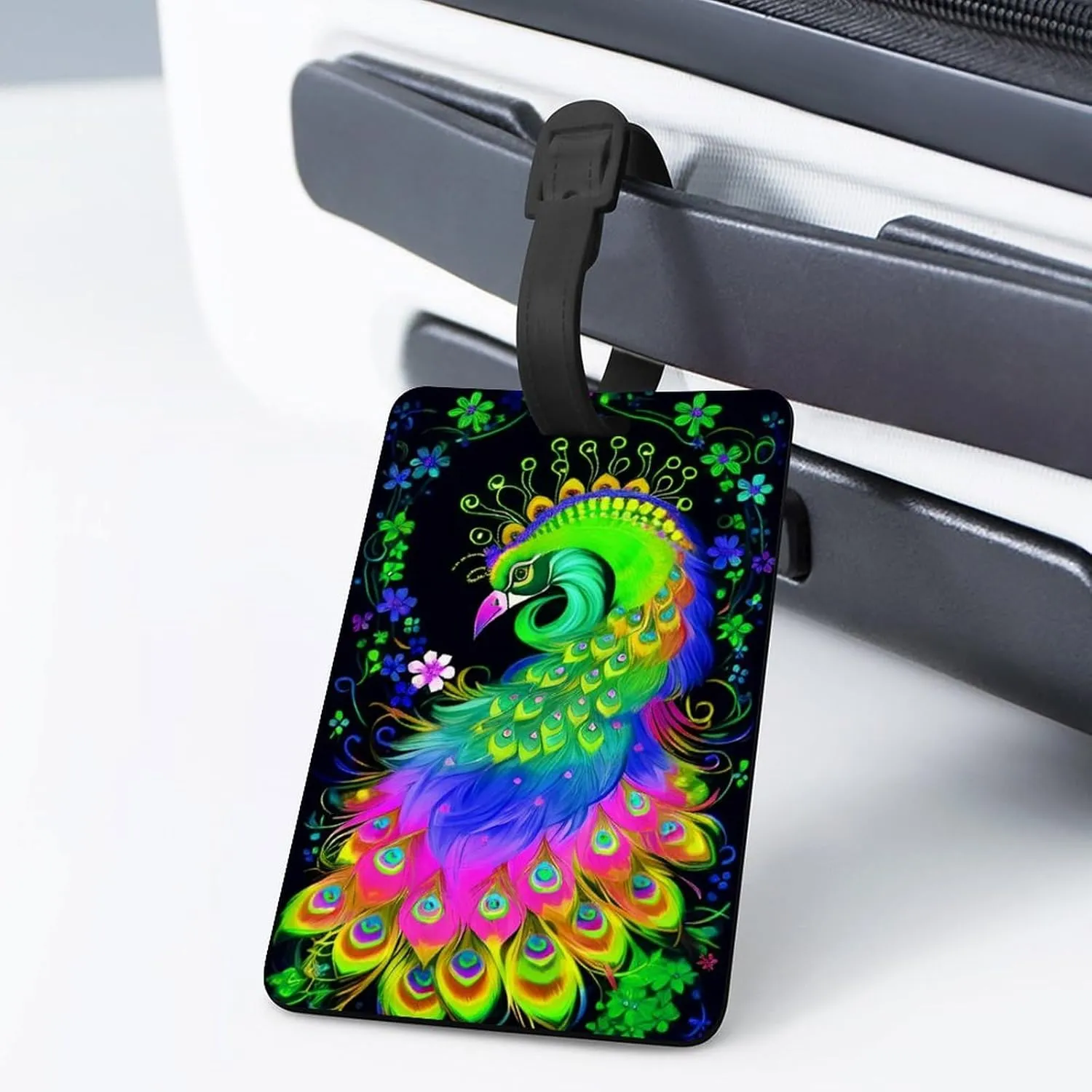 Neon Peacock Flowers Art Luggage Bag Tags Cruise Etag Adjustable Stainless Loop Travel Tags Wide Waterproof Travel Bag Labels Name Id Labels