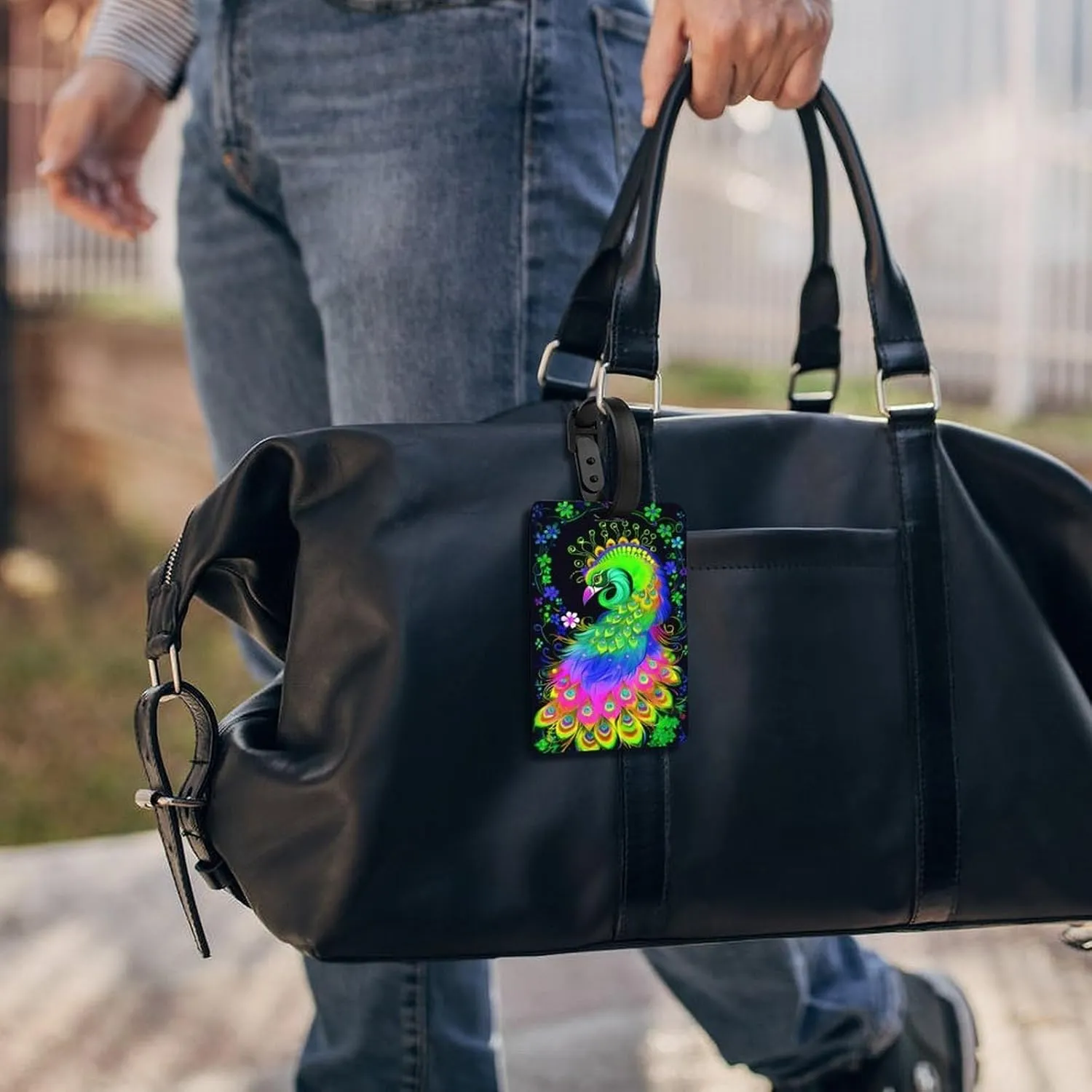 Neon Peacock Flowers Art Luggage Bag Tags Cruise Etag Adjustable Stainless Loop Travel Tags Wide Waterproof Travel Bag Labels Name Id Labels