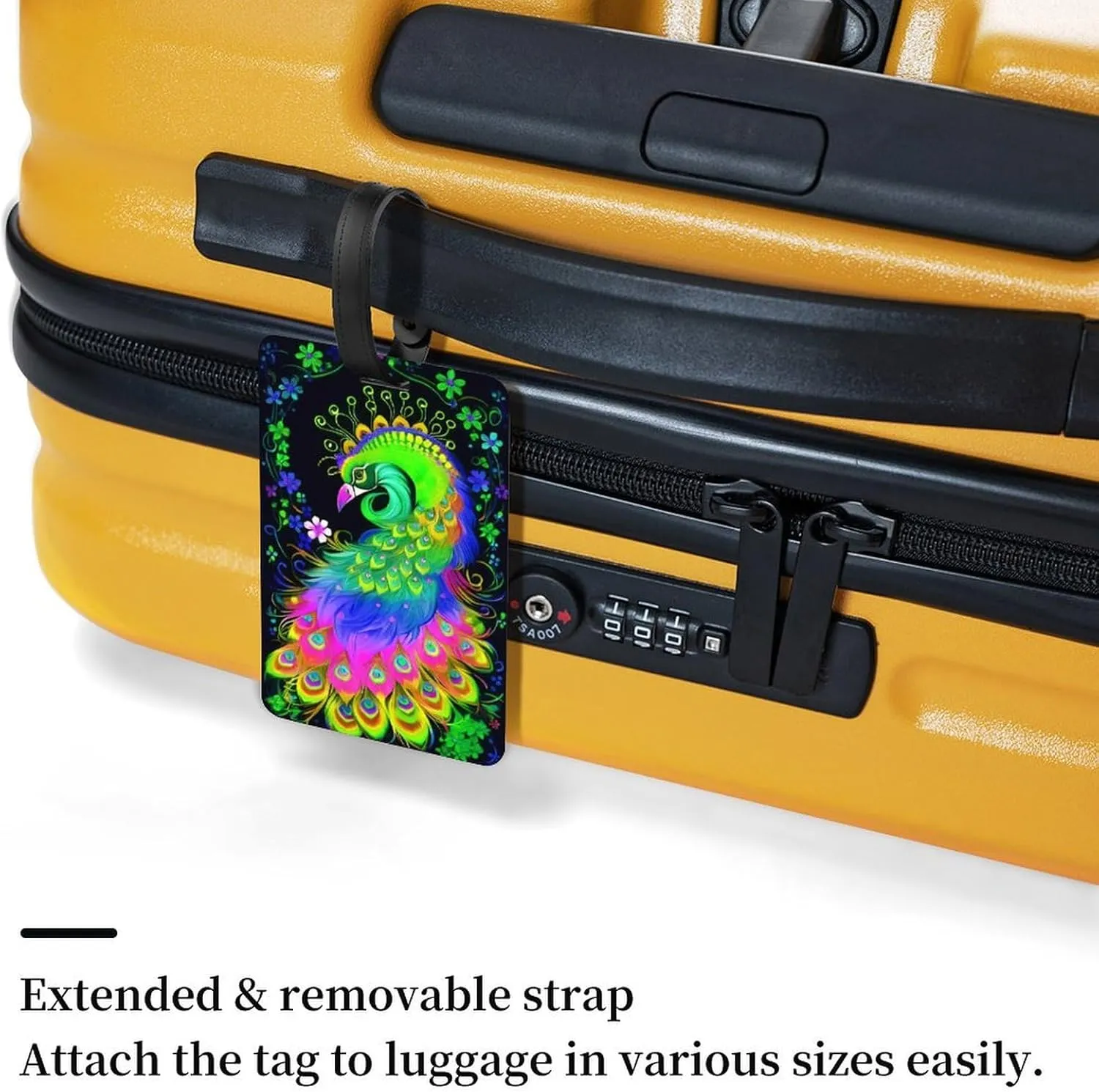 Neon Peacock Flowers Art Luggage Bag Tags Cruise Etag Adjustable Stainless Loop Travel Tags Wide Waterproof Travel Bag Labels Name Id Labels