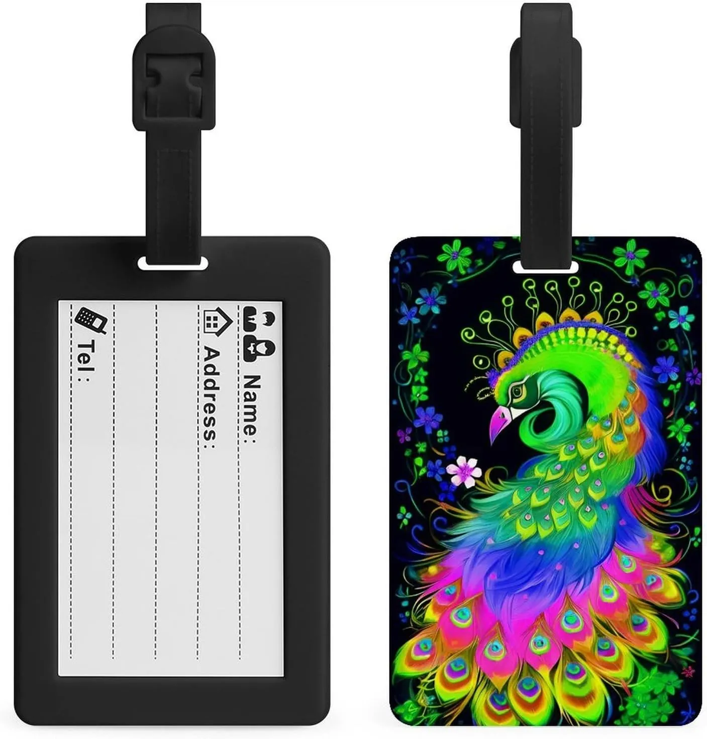 Neon Peacock Flowers Art Luggage Bag Tags Cruise Etag Adjustable Stainless Loop Travel Tags Wide Waterproof Travel Bag Labels Name Id Labels