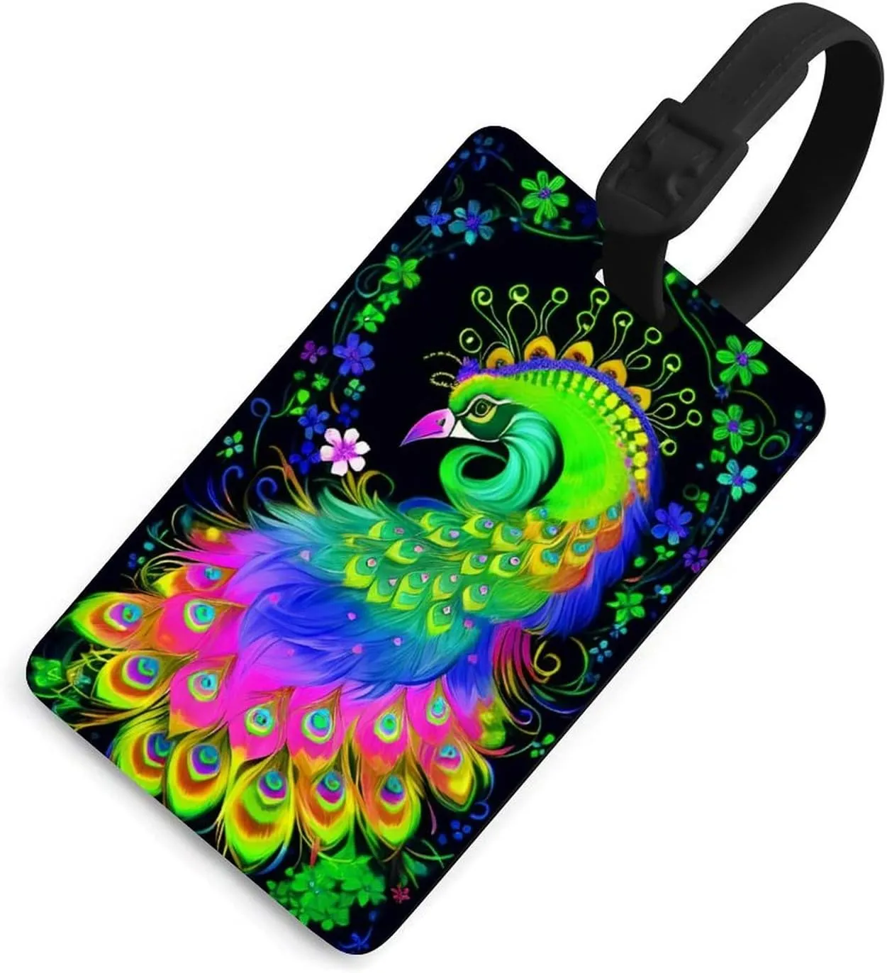 Neon Peacock Flowers Art Luggage Bag Tags Cruise Etag Adjustable Stainless Loop Travel Tags Wide Waterproof Travel Bag Labels Name Id Labels