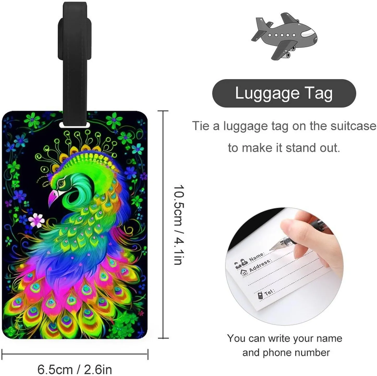 Neon Peacock Flowers Art Luggage Bag Tags Cruise Etag Adjustable Stainless Loop Travel Tags Wide Waterproof Travel Bag Labels Name Id Labels