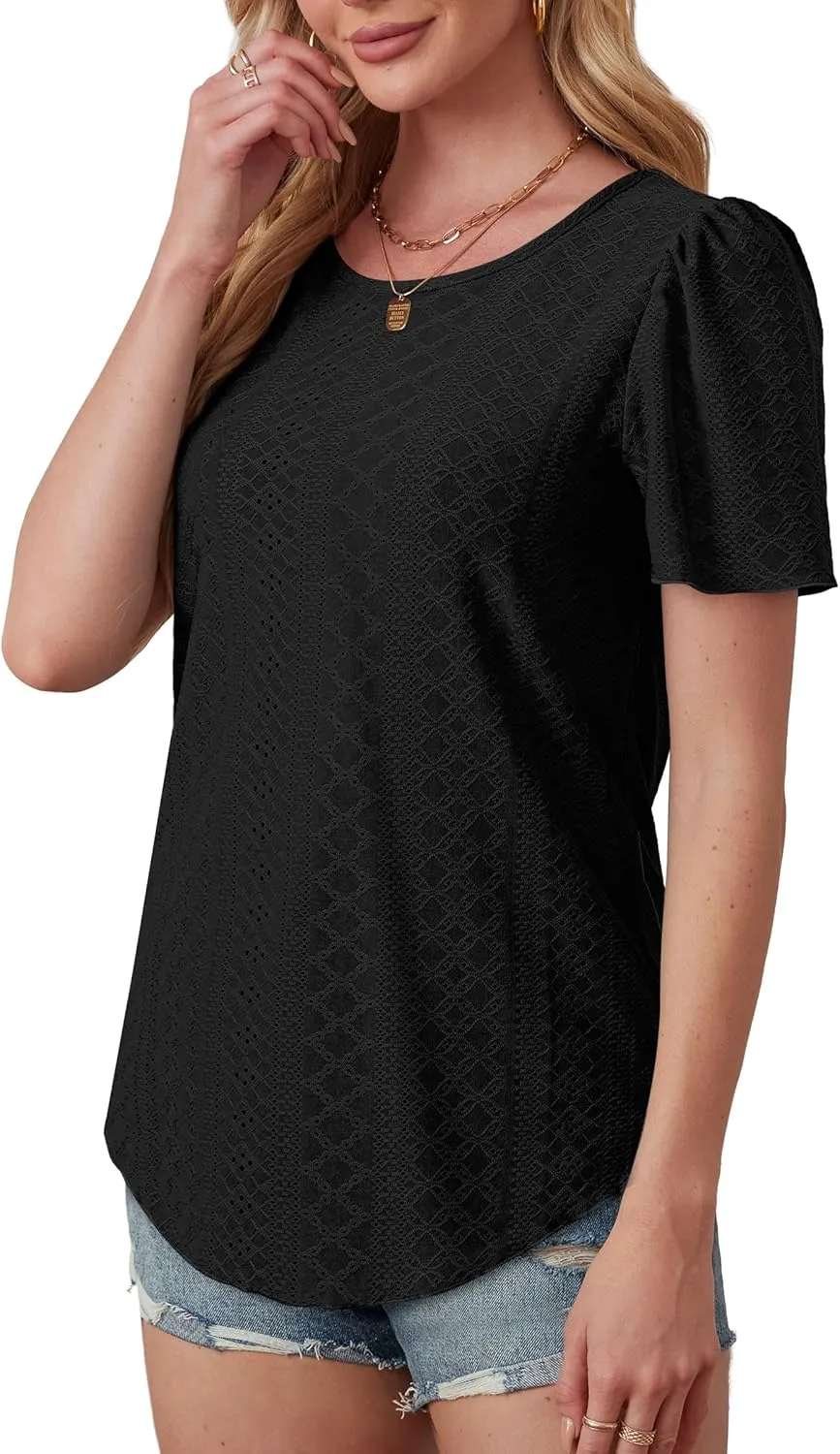 OFEEFAN Womens T Shirts Loose Fit Scooped Neck Short Sleeve Blouses Dressy Casual Summer Tops