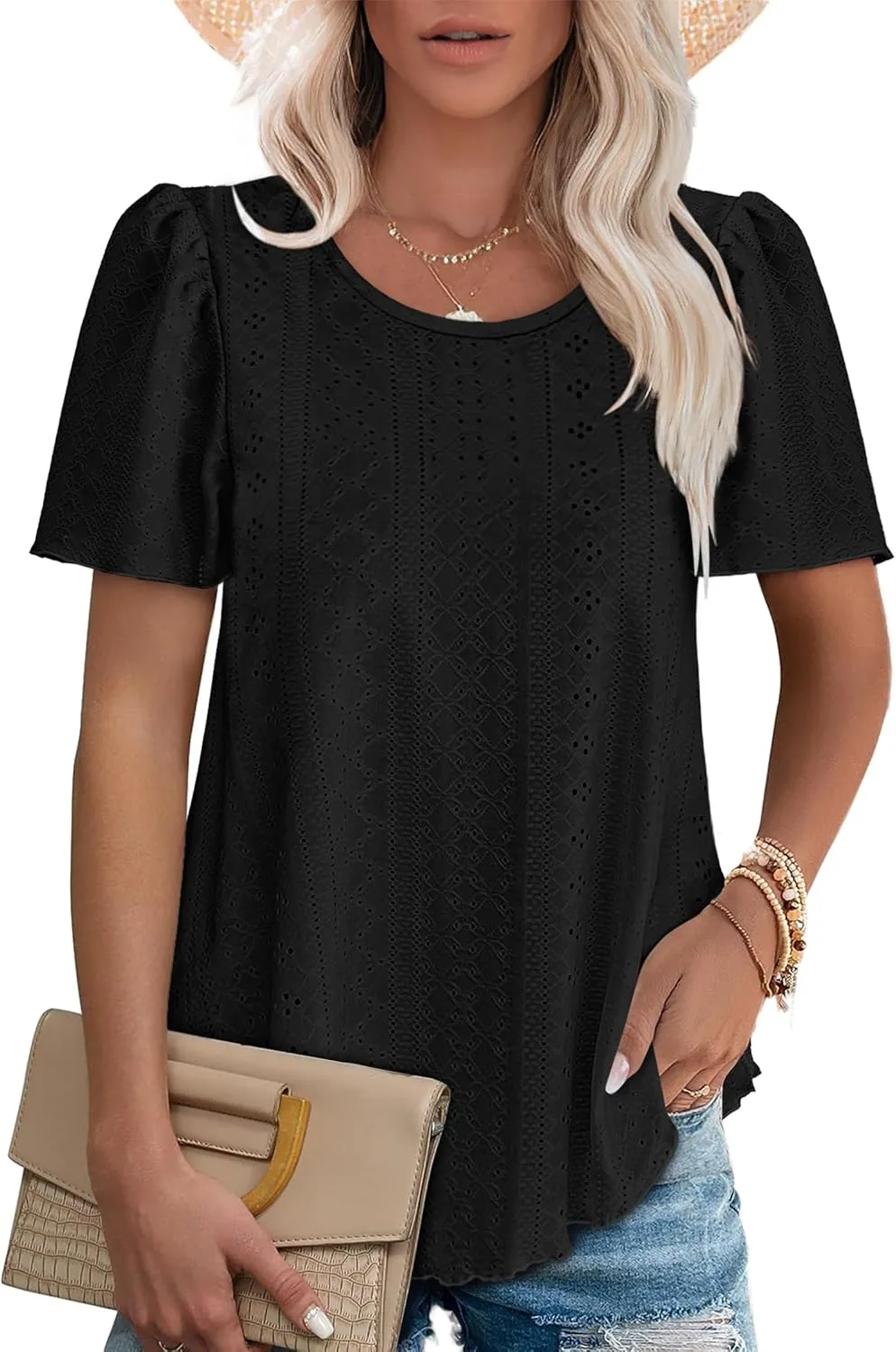 OFEEFAN Womens T Shirts Loose Fit Scooped Neck Short Sleeve Blouses Dressy Casual Summer Tops