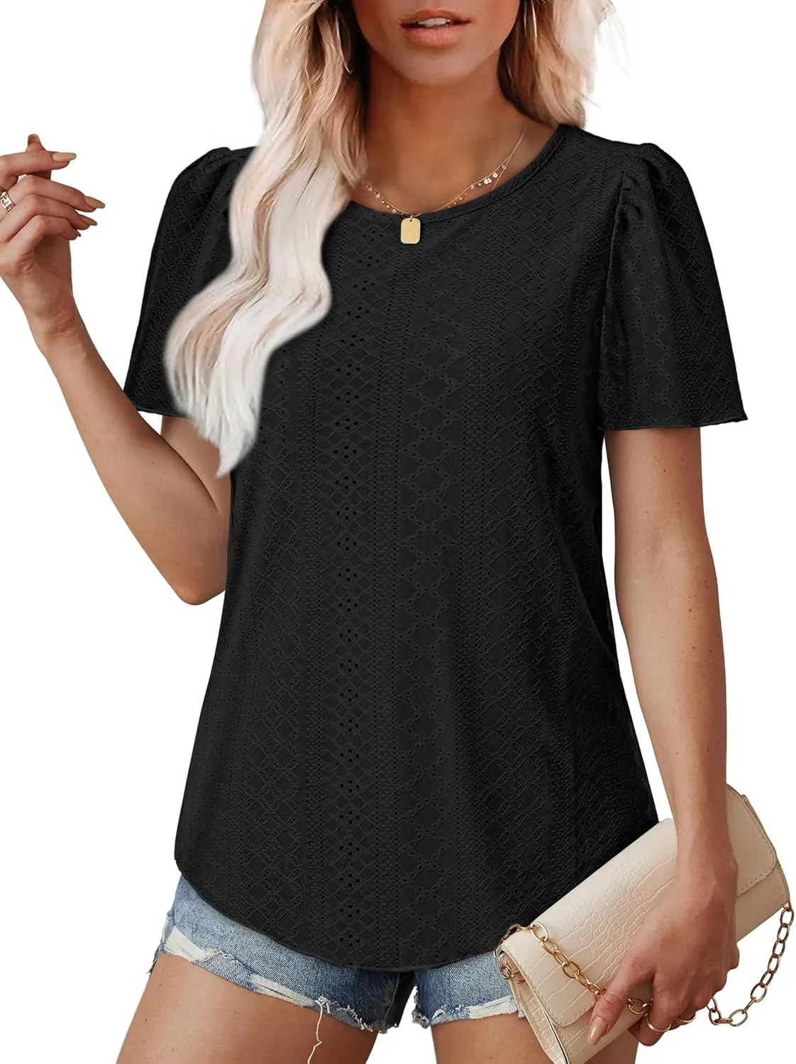 OFEEFAN Womens T Shirts Loose Fit Scooped Neck Short Sleeve Blouses Dressy Casual Summer Tops