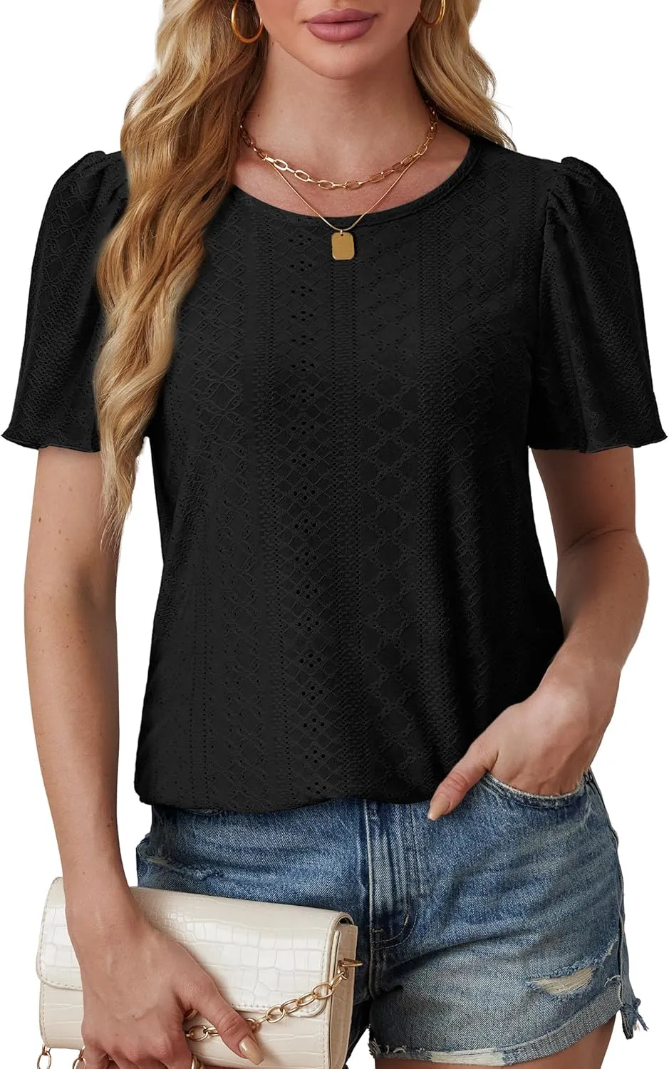 OFEEFAN Womens T Shirts Loose Fit Scooped Neck Short Sleeve Blouses Dressy Casual Summer Tops