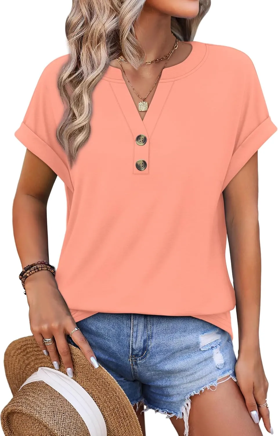 OFEEFAN Womens Tops and Blouses Dressy Casual V Neck Tshirts Short Sleeve Summer Clothes Trendy 2025