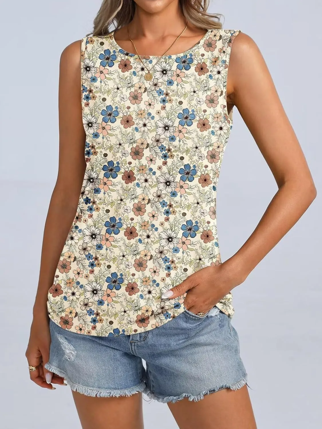 ORANDESIGNE Womens Floral Tank Tops Crewneck Sleeveless Shirts Casual Summer Loose fit Top