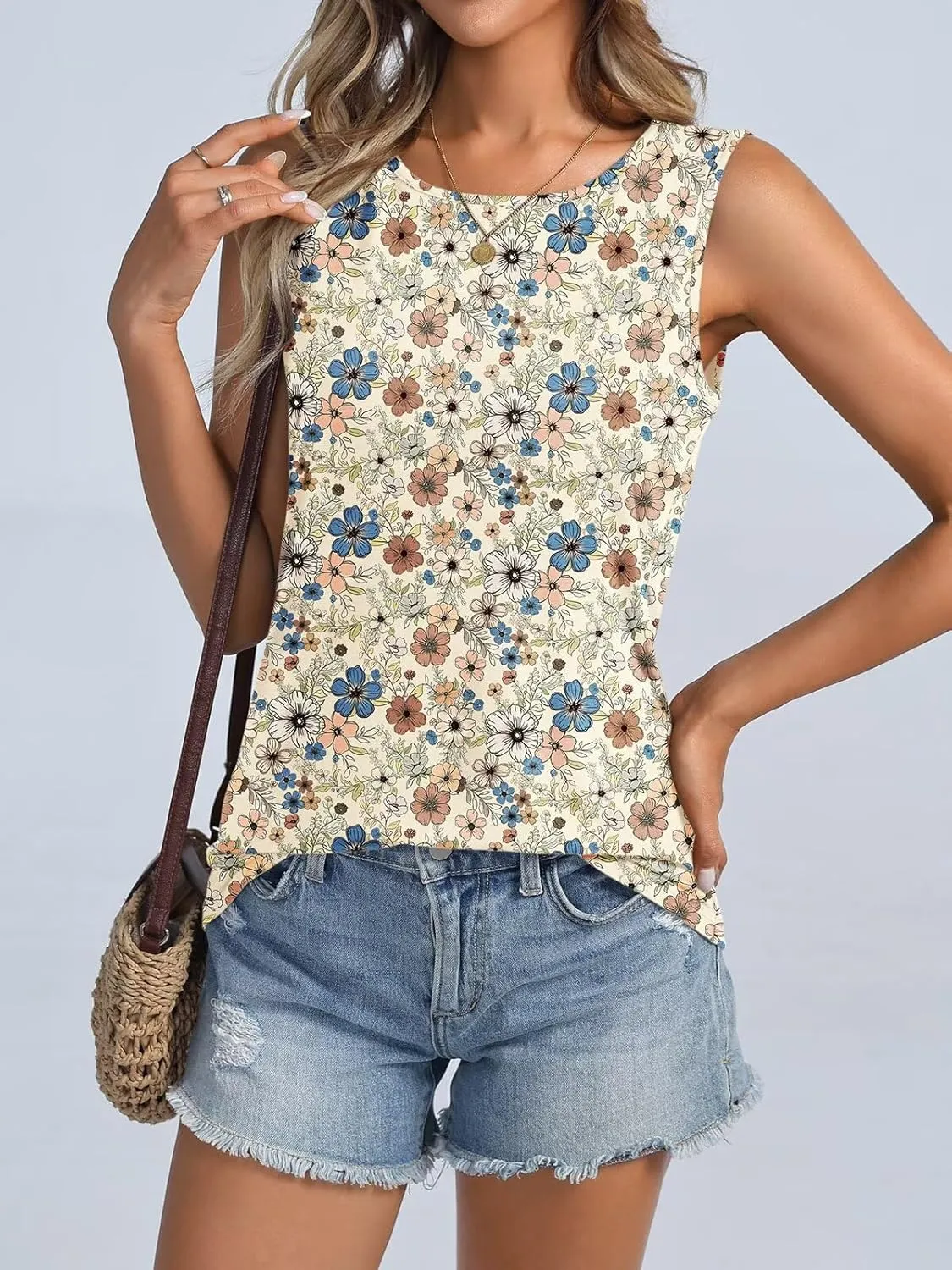ORANDESIGNE Womens Floral Tank Tops Crewneck Sleeveless Shirts Casual Summer Loose fit Top