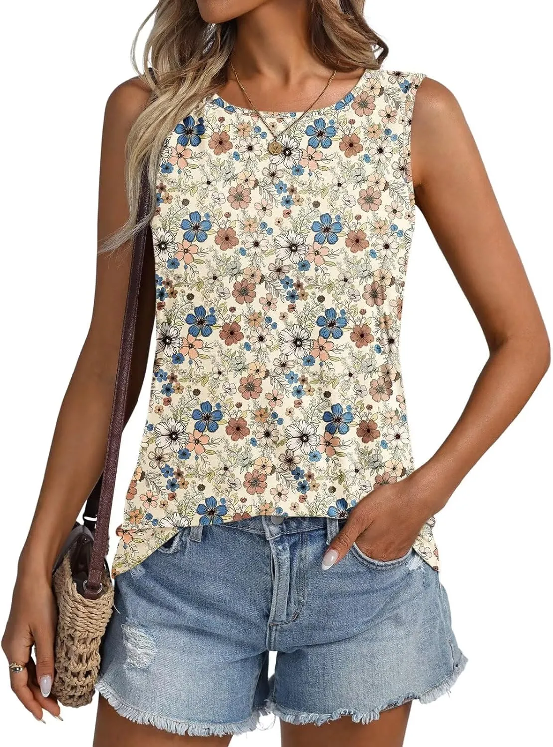 ORANDESIGNE Womens Floral Tank Tops Crewneck Sleeveless Shirts Casual Summer Loose fit Top