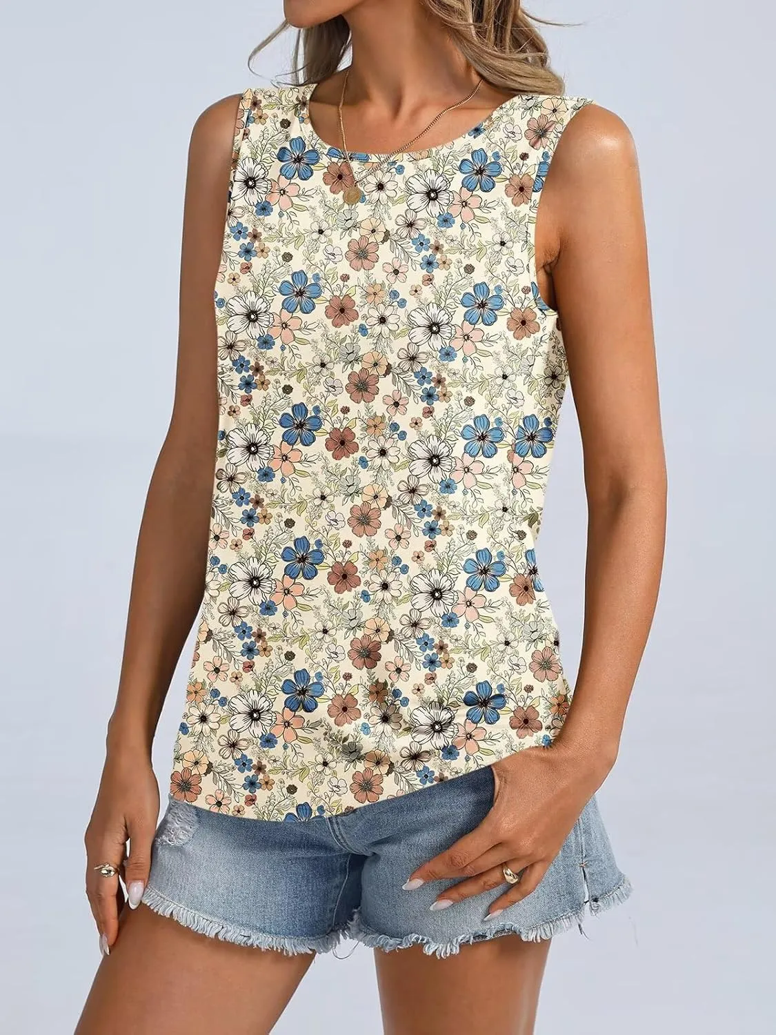 ORANDESIGNE Womens Floral Tank Tops Crewneck Sleeveless Shirts Casual Summer Loose fit Top
