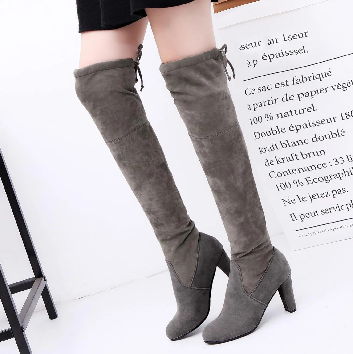 Over the Knee Black Boots for Women Knee High Chunky Heels Boots Over the Knee Thigh High Chunky Heels Women Boots