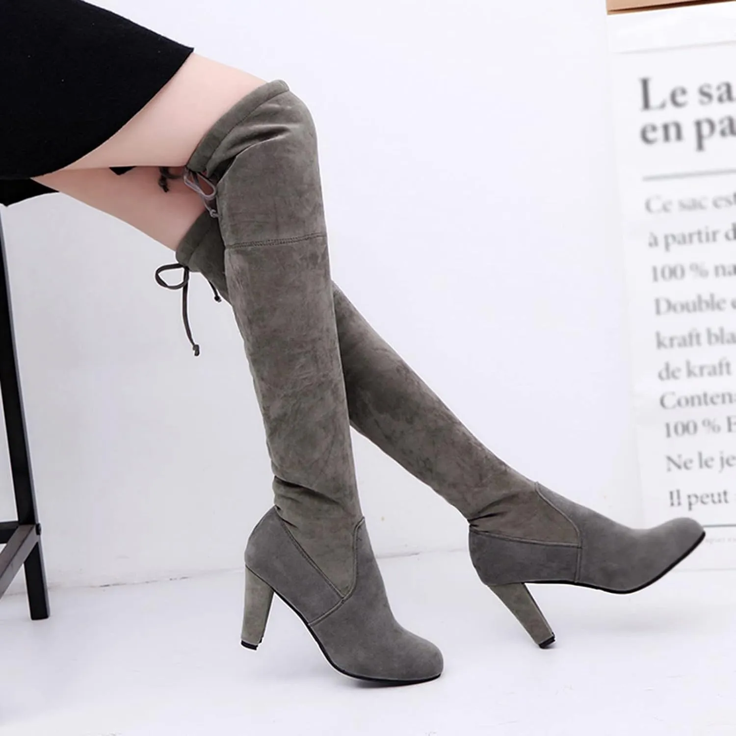 Over the Knee Black Boots for Women Knee High Chunky Heels Boots Over the Knee Thigh High Chunky Heels Women Boots