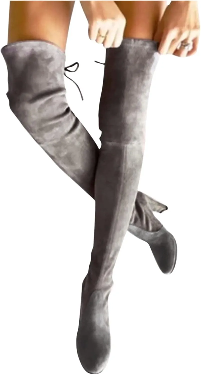 Over the Knee Black Boots for Women Knee High Chunky Heels Boots Over the Knee Thigh High Chunky Heels Women Boots