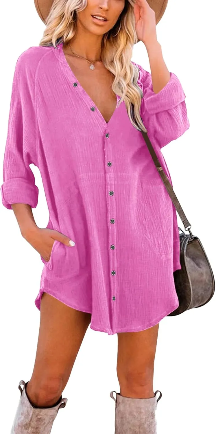 Paintcolors Women's Long Sleeve Button Down Tunic Dresses Beach Cover-ups Oversized Blouse Tops with Pockets