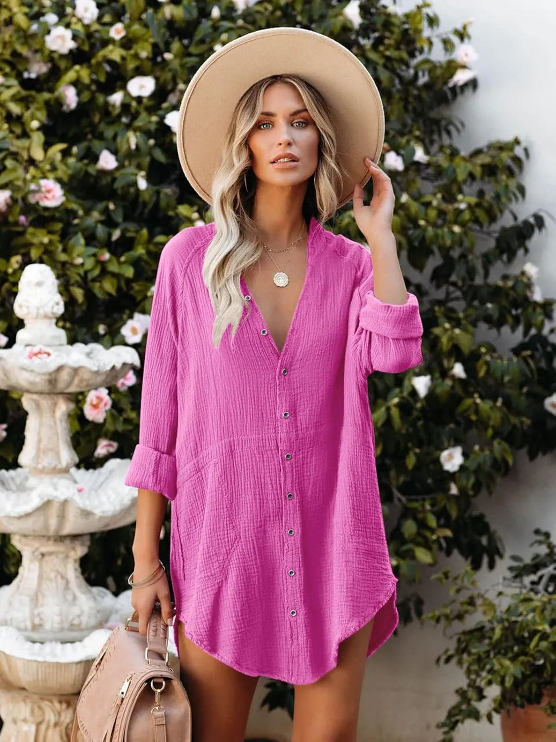 Paintcolors Women's Long Sleeve Button Down Tunic Dresses Beach Cover-ups Oversized Blouse Tops with Pockets