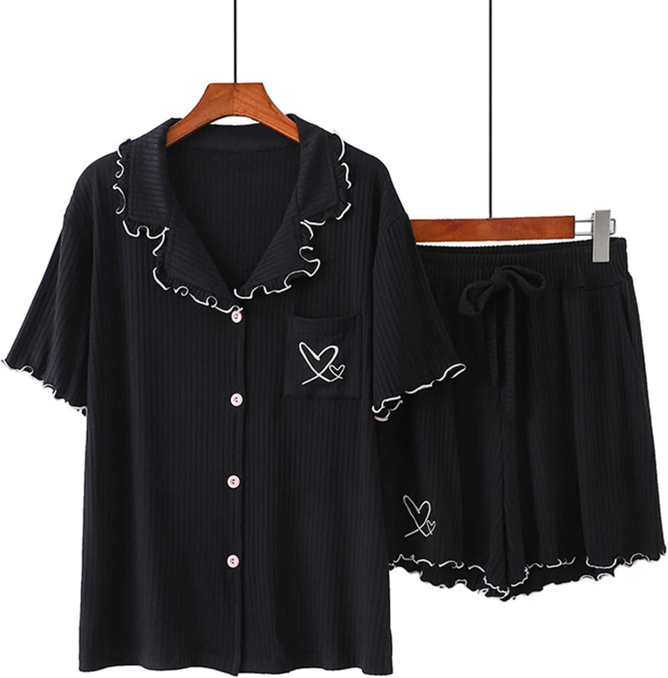 Pajamas Sets for Women Button Down Short Sleeve Shirts and Drawstring Waist Shorts Heart Embroidered Nightwear Set
