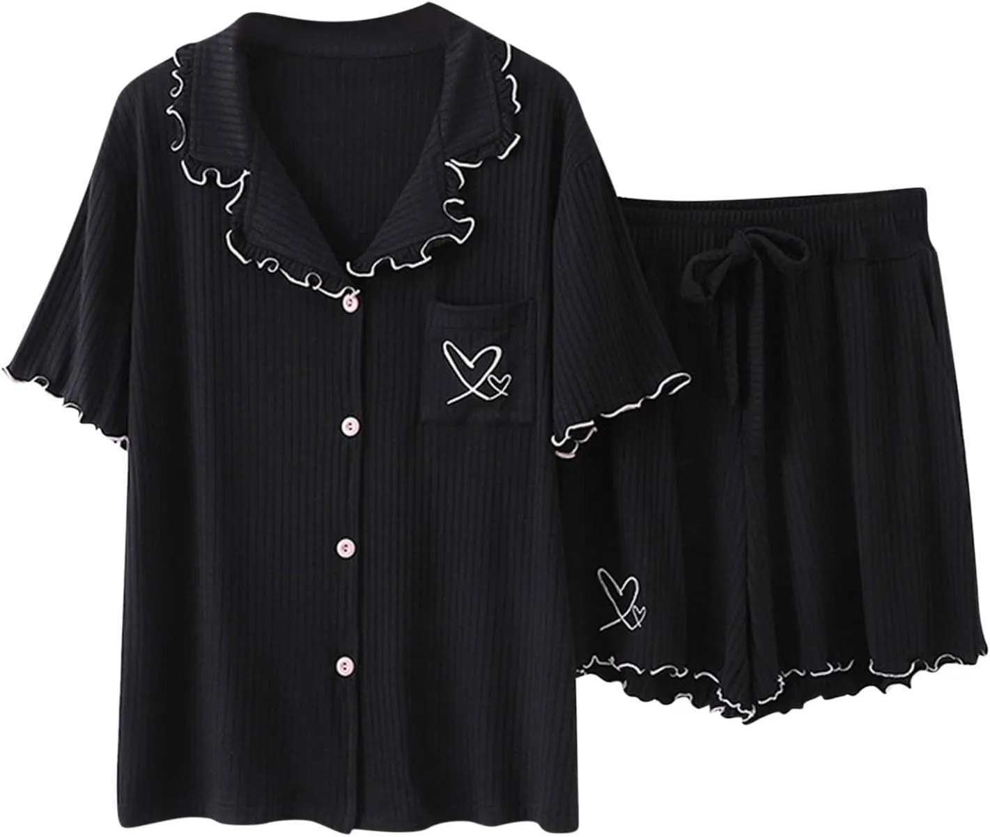 Pajamas Sets for Women Button Down Short Sleeve Shirts and Drawstring Waist Shorts Heart Embroidered Nightwear Set