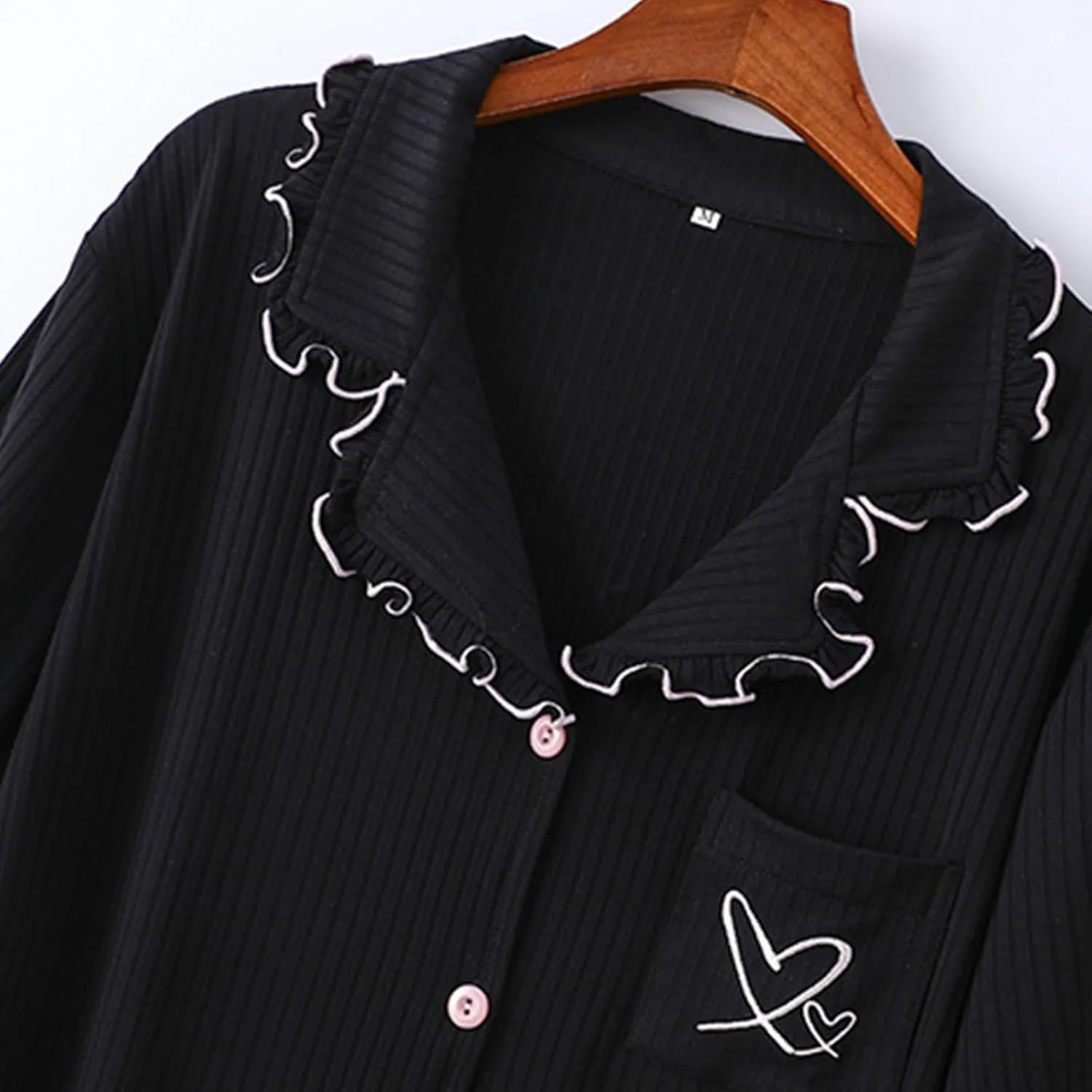 Pajamas Sets for Women Button Down Short Sleeve Shirts and Drawstring Waist Shorts Heart Embroidered Nightwear Set