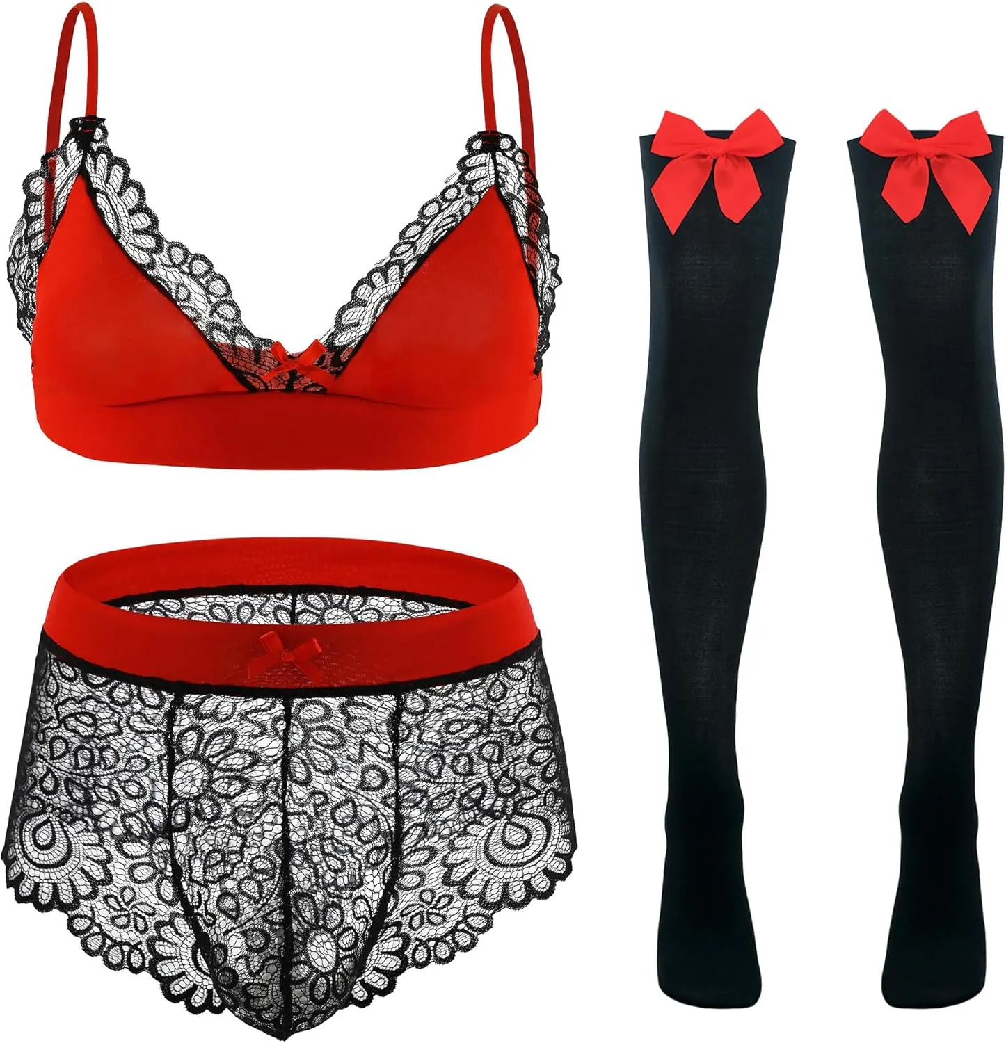 Panegy Sissy Lingerie Set for Men Male Lace Floral Bra and Panty Set Bowknot Stocking 3 Pcs
