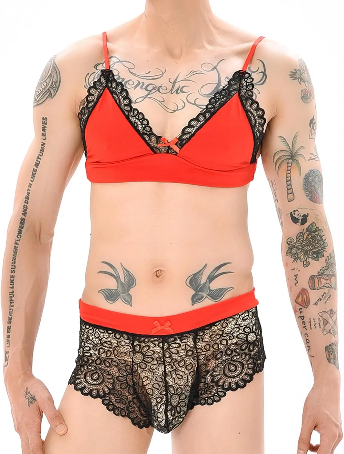 Panegy Sissy Lingerie Set for Men Male Lace Floral Bra and Panty Set Bowknot Stocking 3 Pcs