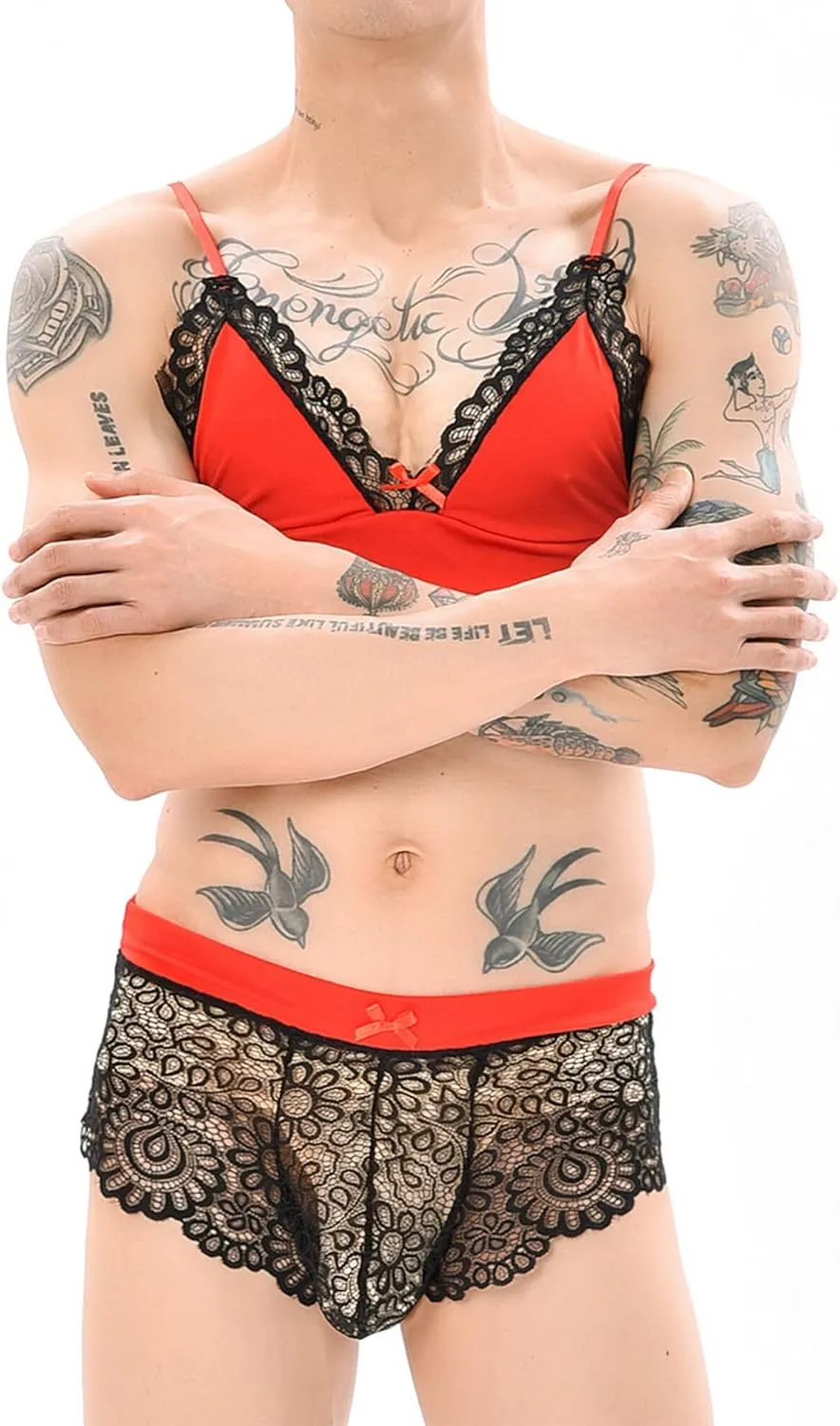 Panegy Sissy Lingerie Set for Men Male Lace Floral Bra and Panty Set Bowknot Stocking 3 Pcs