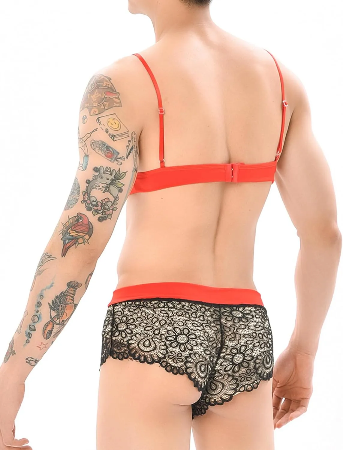 Panegy Sissy Lingerie Set for Men Male Lace Floral Bra and Panty Set Bowknot Stocking 3 Pcs