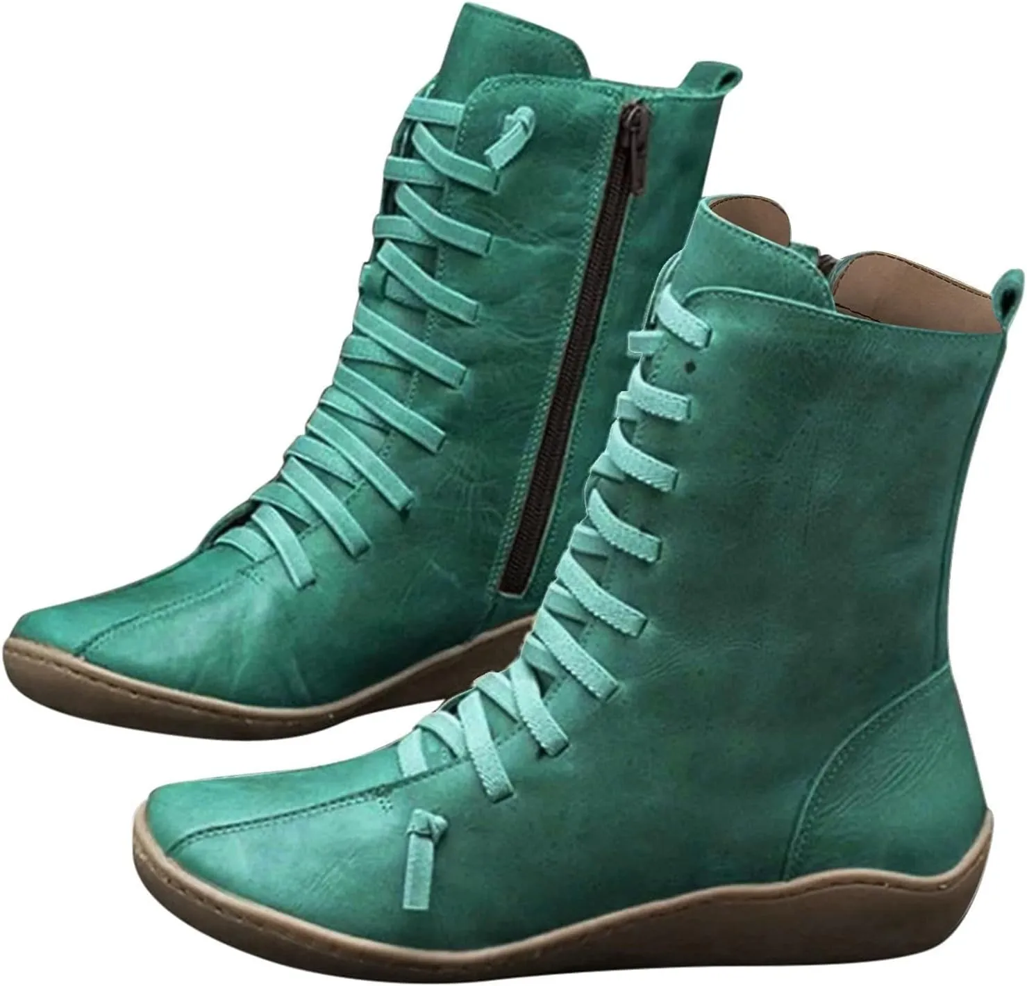 peqiut Womens Cowboy Boots Comfortable Flat Platform Heel Zipper Round Toe Boots for Women Ankle Lace Up Casual Cowgirl Boots