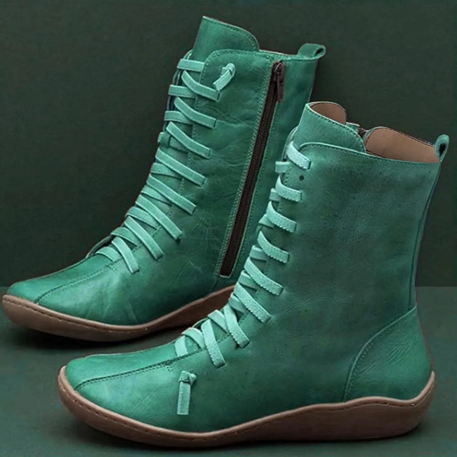 peqiut Womens Cowboy Boots Comfortable Flat Platform Heel Zipper Round Toe Boots for Women Ankle Lace Up Casual Cowgirl Boots