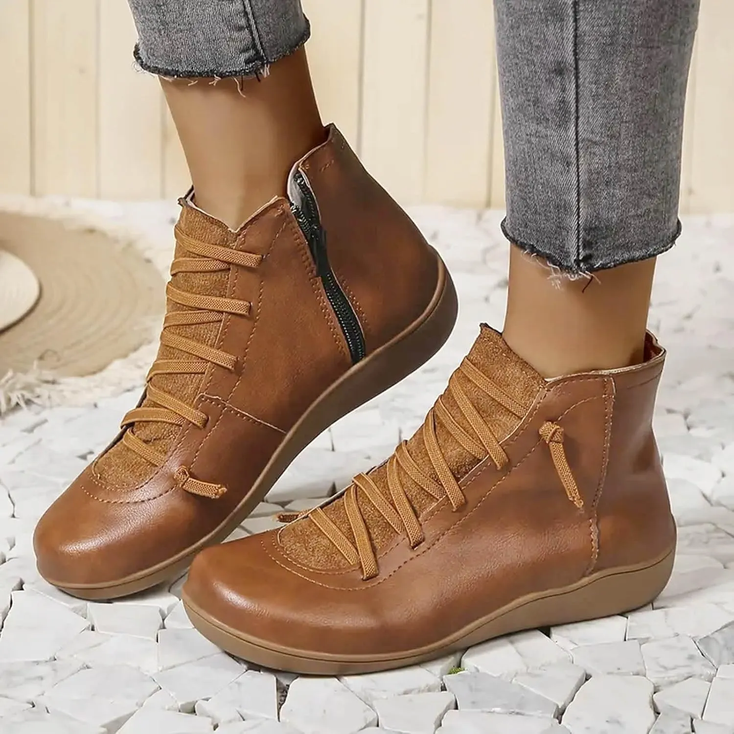 peqiut Womens Cowboy Boots Comfortable Platform Heel Side Zipper Round Toe Boots for Women Ankle Lace Up Cowgirl Short Boots