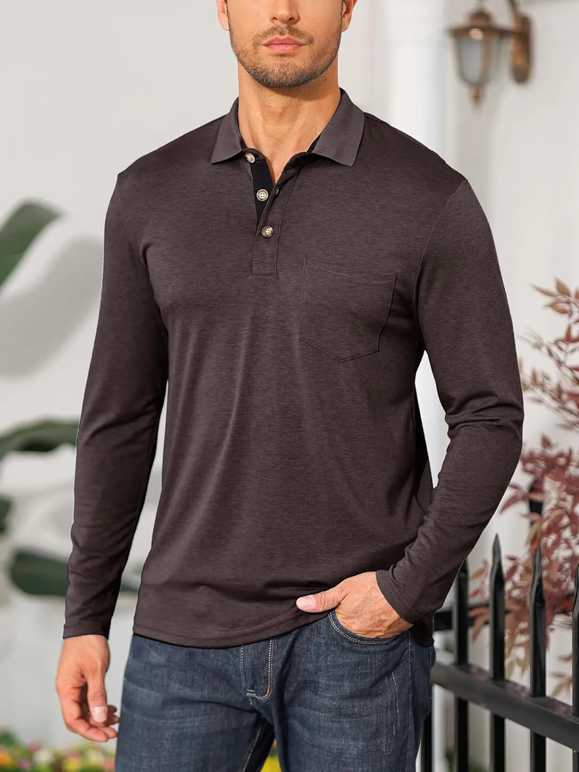 PICKLION Mens Long Sleeve Polo Shirts Casual Moisture Wicking Golf Polo Shirts with Pocket