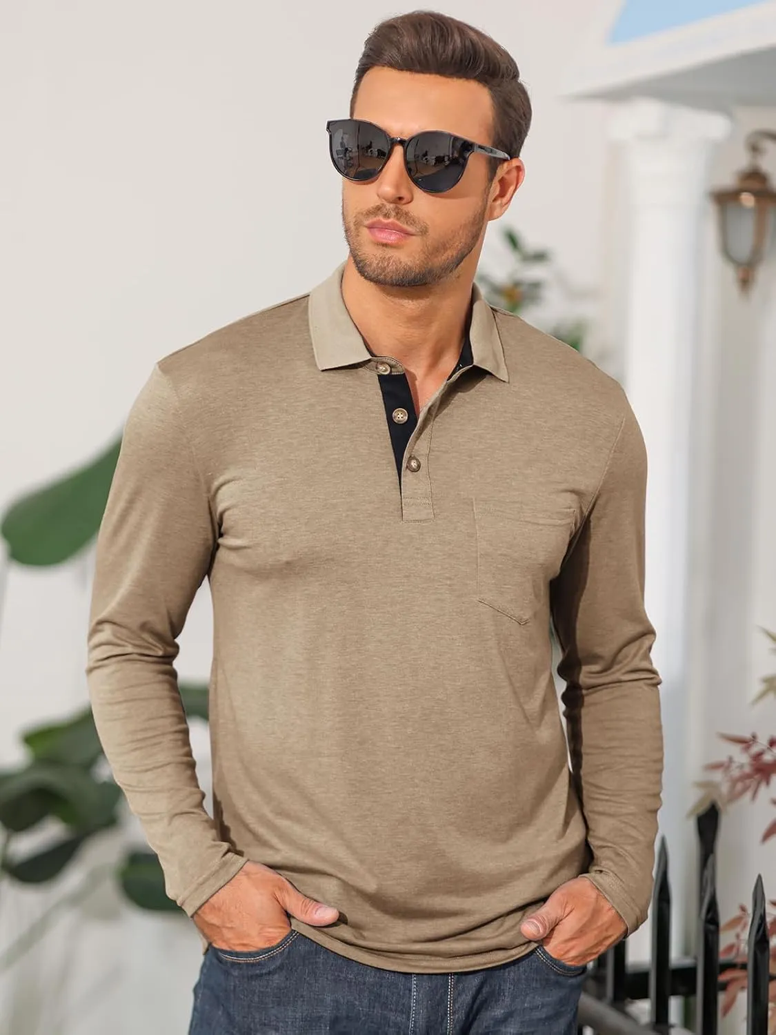 PICKLION Mens Long Sleeve Polo Shirts Casual Moisture Wicking Golf Polo Shirts with Pocket
