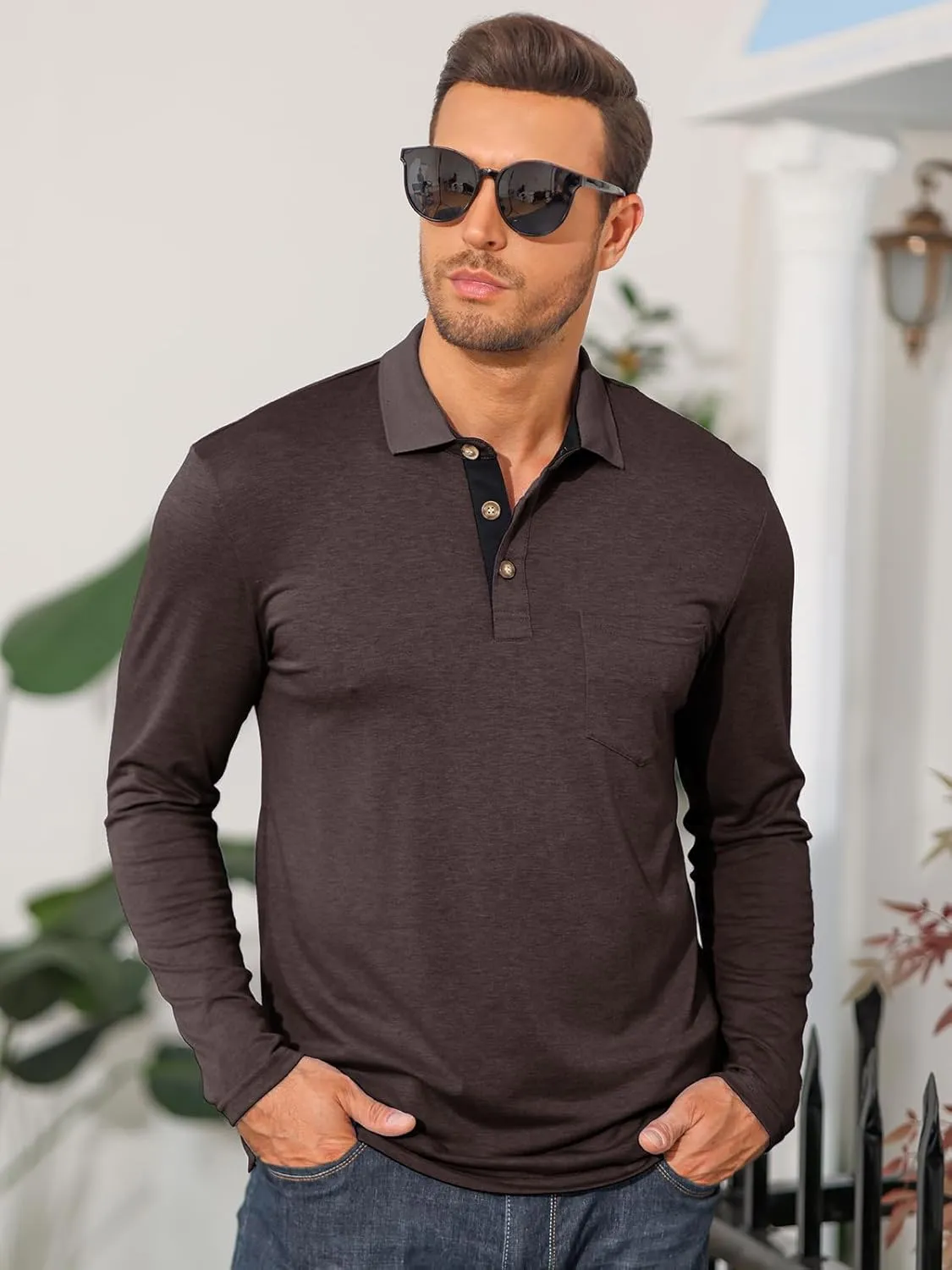 PICKLION Mens Long Sleeve Polo Shirts Casual Moisture Wicking Golf Polo Shirts with Pocket
