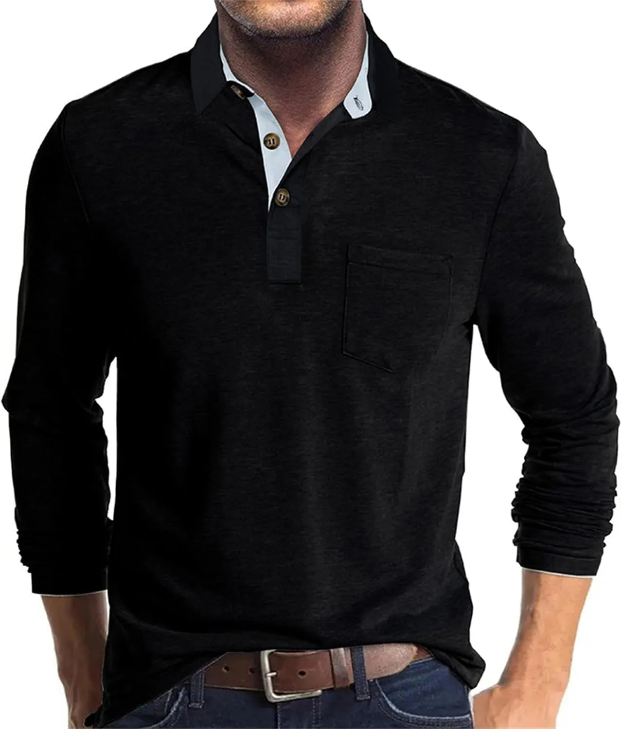 PICKLION Mens Long Sleeve Polo Shirts Casual Moisture Wicking Golf Polo Shirts with Pocket