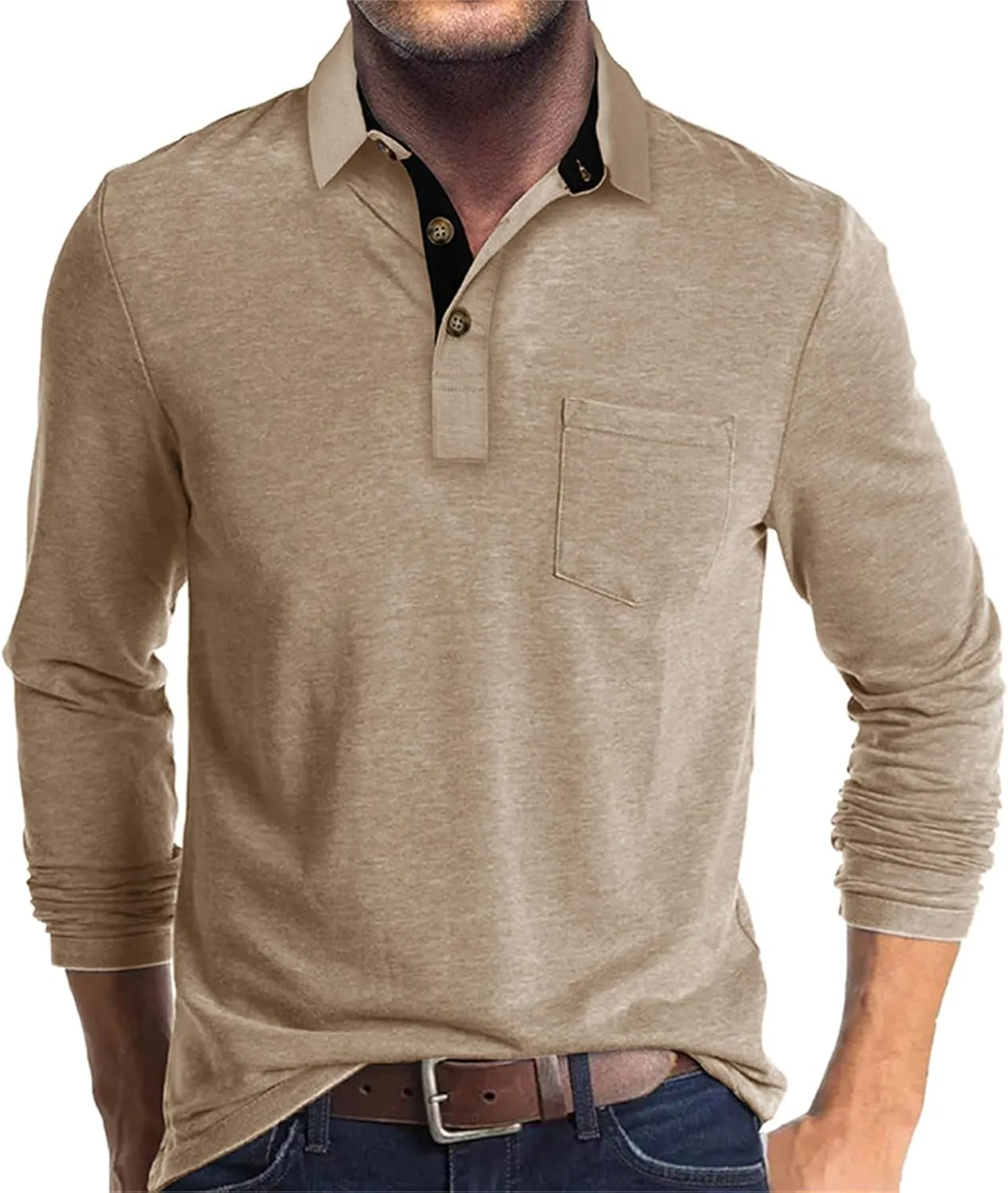 PICKLION Mens Long Sleeve Polo Shirts Casual Moisture Wicking Golf Polo Shirts with Pocket
