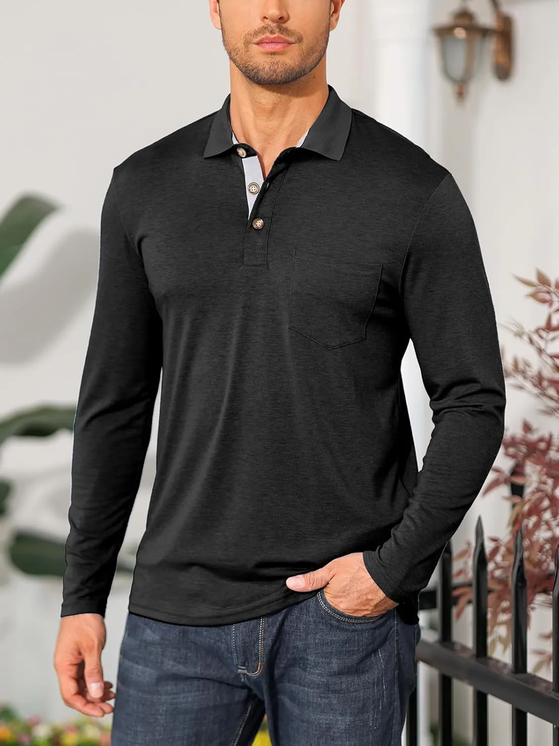 PICKLION Mens Long Sleeve Polo Shirts Casual Moisture Wicking Golf Polo Shirts with Pocket