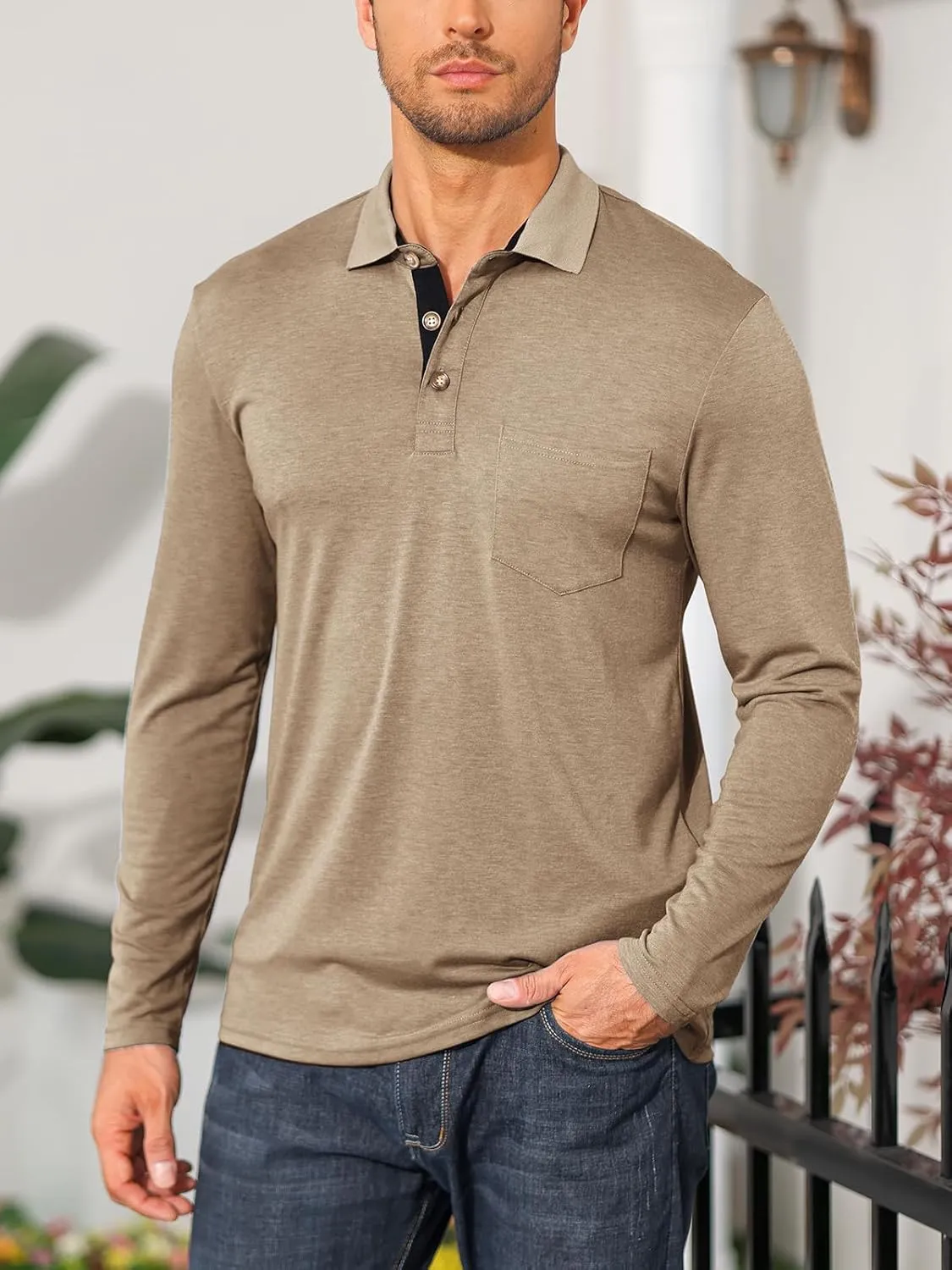 PICKLION Mens Long Sleeve Polo Shirts Casual Moisture Wicking Golf Polo Shirts with Pocket