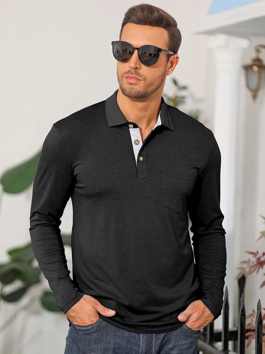 PICKLION Mens Long Sleeve Polo Shirts Casual Moisture Wicking Golf Polo Shirts with Pocket