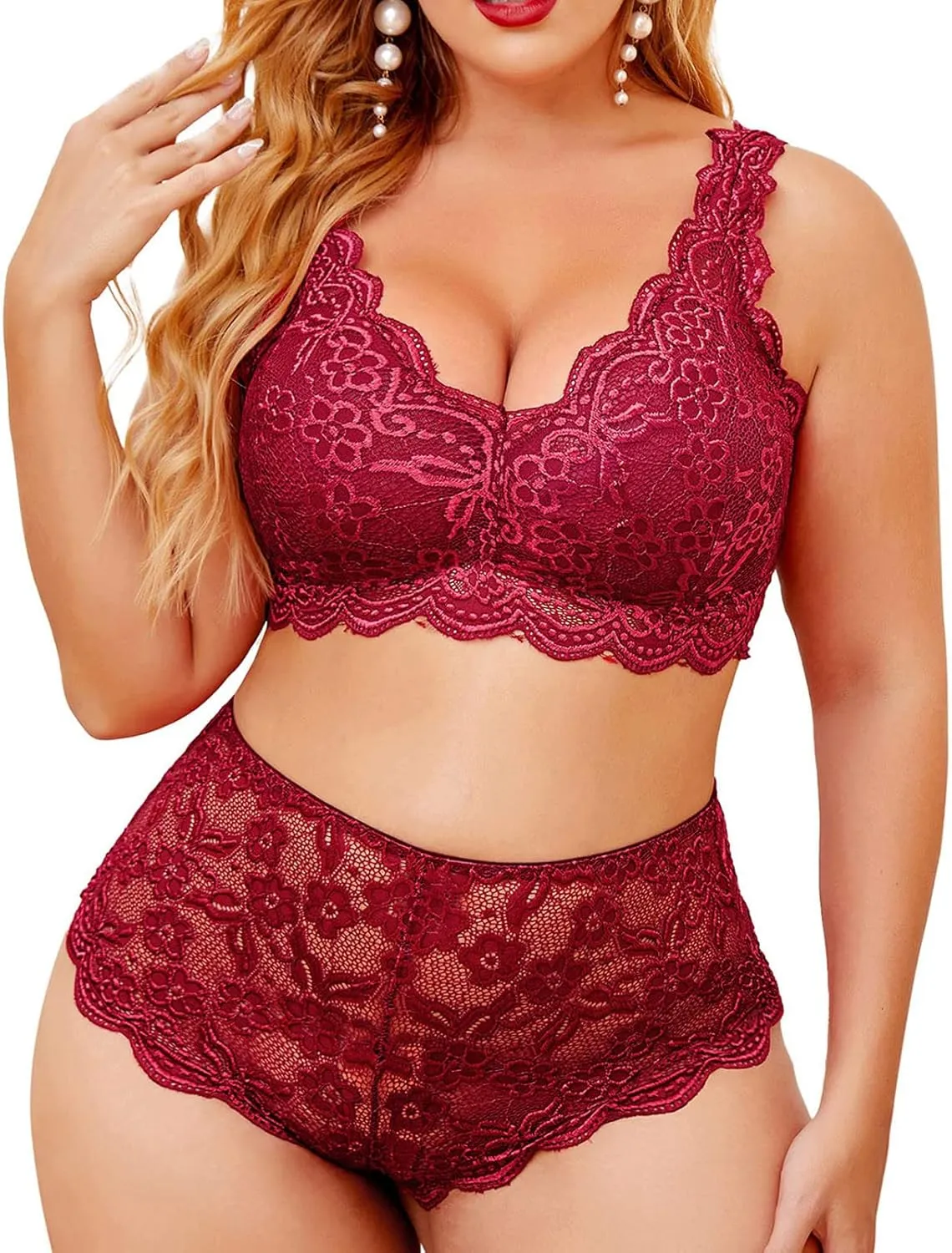 Plus Size Lingerie Set for Women Sexy Oversized Lace Lightweight Halter Bralette High Waist Panty Set