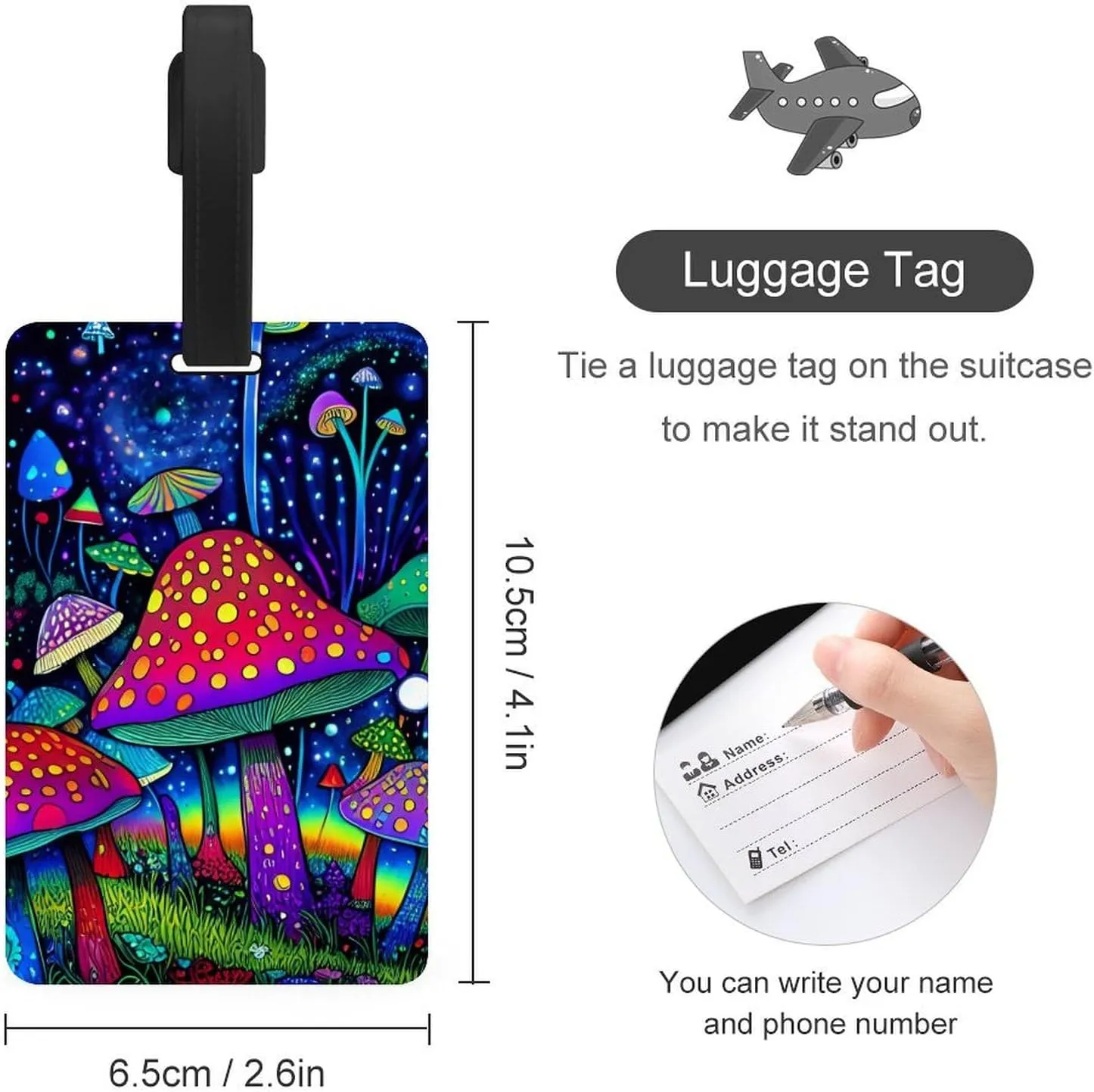 Psychedelic Magic Mushrooms Trippy Art Luggage Bag Tags with Adjustable Stainless Loop - Personalized Name Id Labels Waterproof Travel Id Labels
