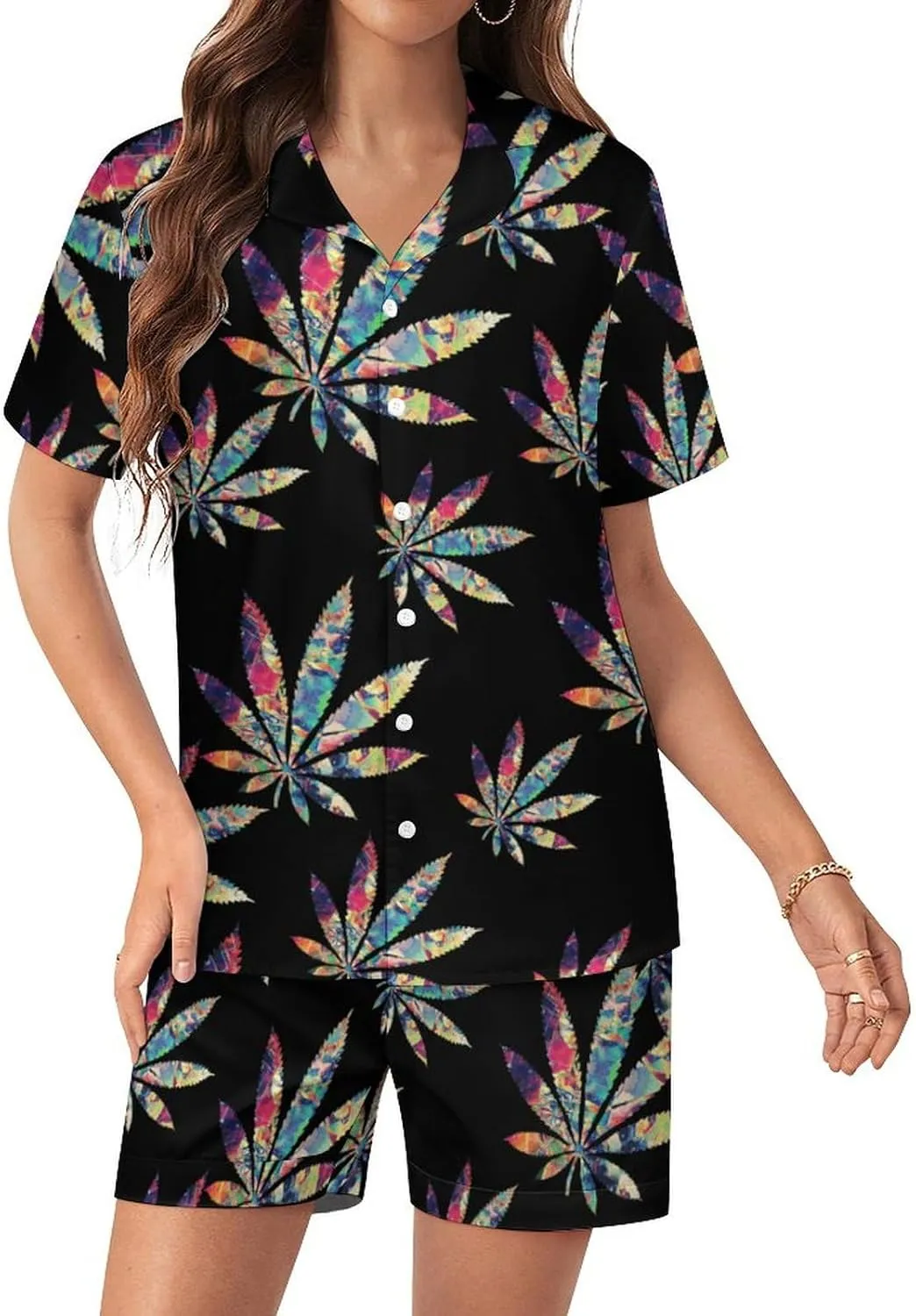 Psychedelic Weed Art Womens Silk Satin Pajamas Set Short Sleeve Button-Down Sleepwear Loungewear Pj Set