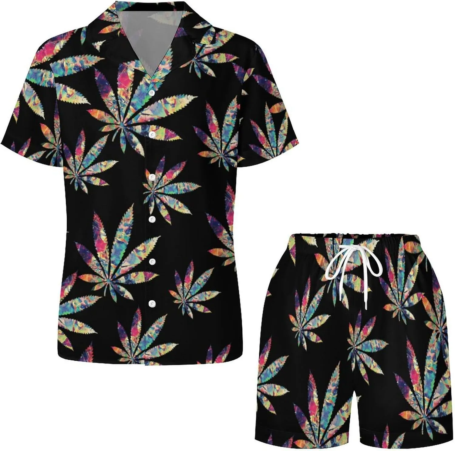 Psychedelic Weed Art Womens Silk Satin Pajamas Set Short Sleeve Button-Down Sleepwear Loungewear Pj Set