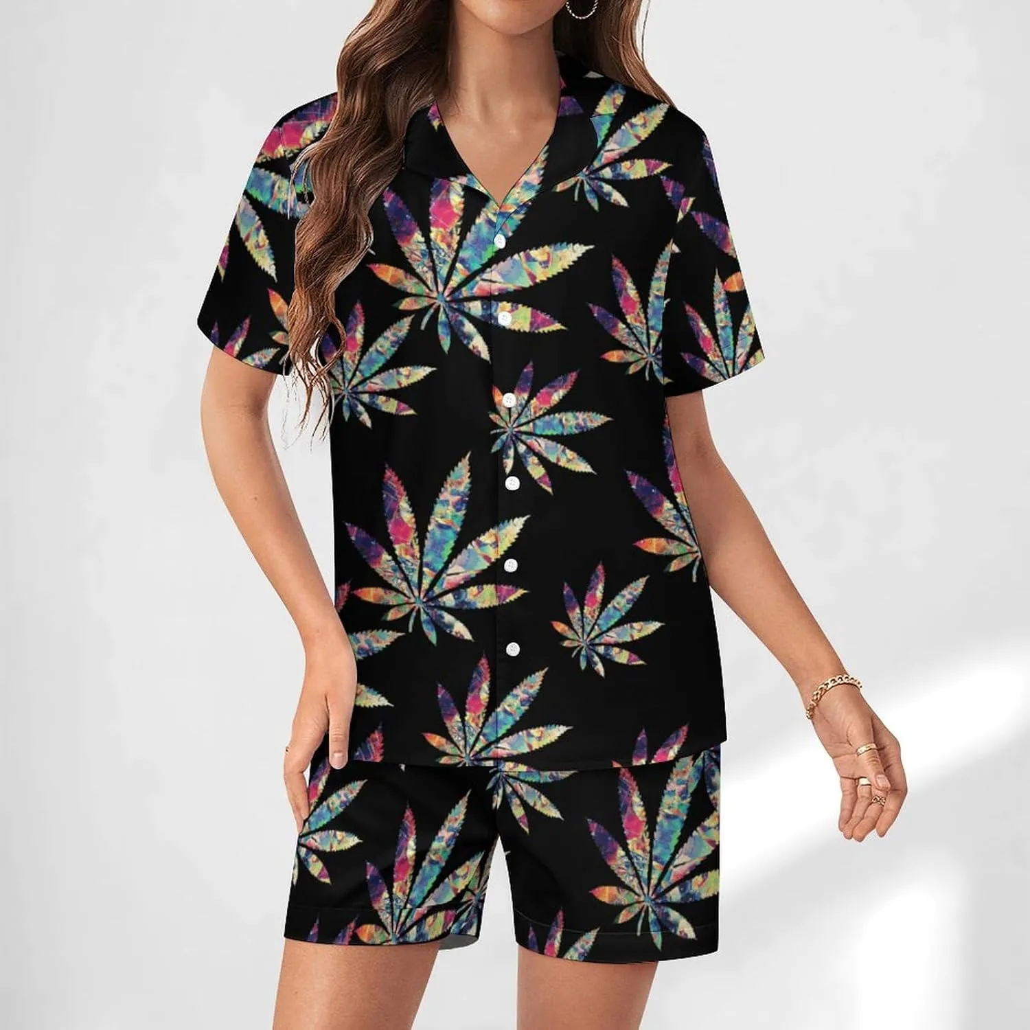 Psychedelic Weed Art Womens Silk Satin Pajamas Set Short Sleeve Button-Down Sleepwear Loungewear Pj Set