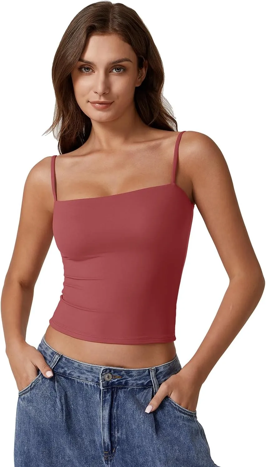 QINSEN Women's Double Lined Basic Tank Top Adjustable Spaghetti Straps Sleeveless Camisole Shirts